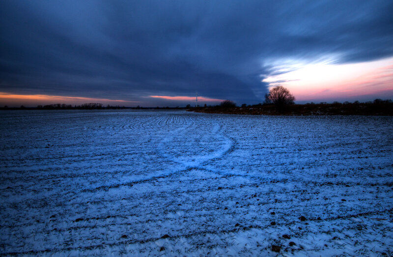 Snow-covered Field at Dusk — Blue, Dramatic