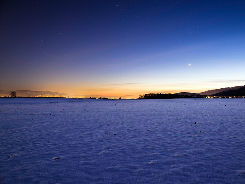 Snow-covered Field at Dusk — Blue, Serene