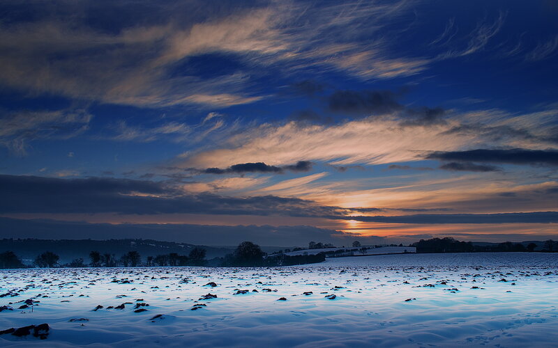 Snow-covered Field at Dusk — Blue, Serene, Winter, Photograph, Sky