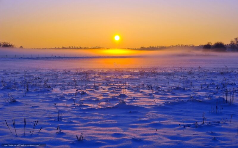Snow-covered Field at Sunrise — Blue, Serene, Winter, Photograph, Sun