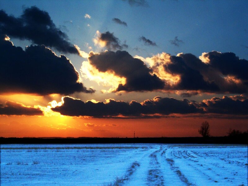 Snow-covered Field at Sunset — Blue, Dramatic, Photograph, Clouds