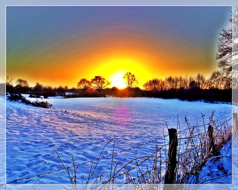 Snow-covered Field at Sunset — Blue, Serene, Winter