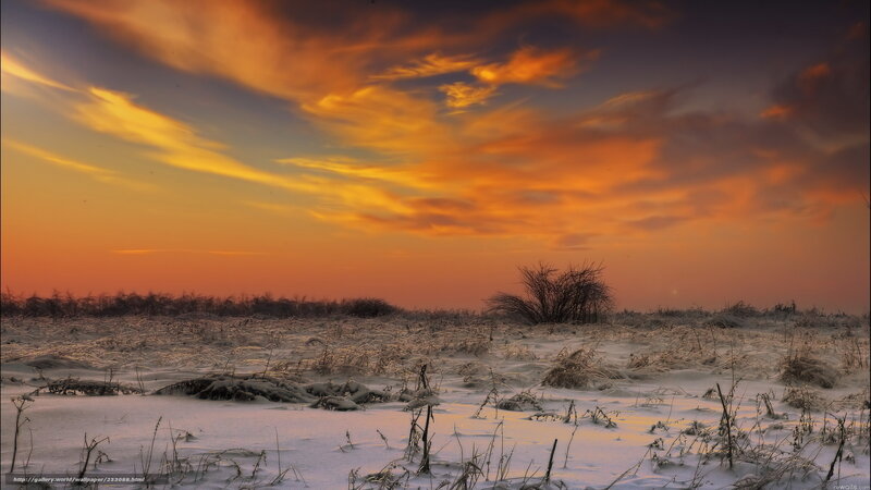 Snow-covered Field at Sunset — Orange, Dramatic, Winter, Photograph, Sky