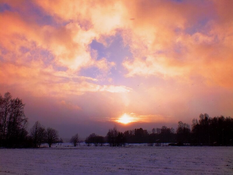 Snow-covered Field at Sunset — Orange, Dramatic, Winter, Photograph