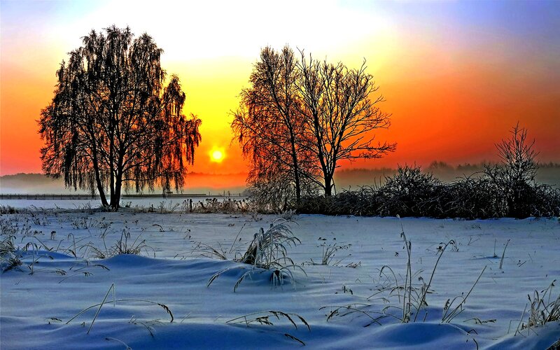 Snow-covered Field at Sunset — Orange, Serene, Photograph
