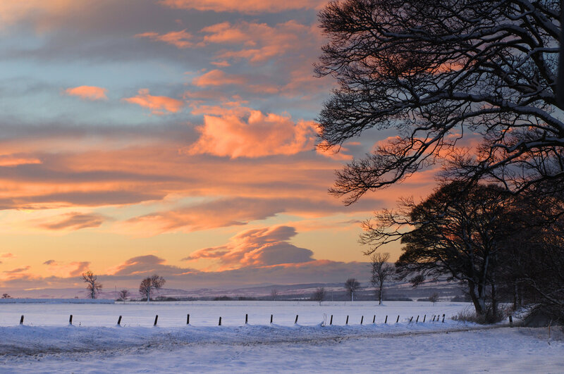 Snow-covered Field at Sunset — Orange, Serene, Winter