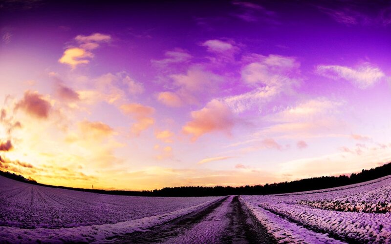 Snow-covered Field at Sunset — Purple, Dramatic, Photograph