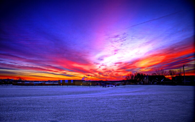Snow-covered Field at Sunset — Purple, Dramatic
