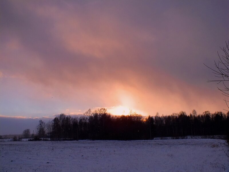 Snow-covered Field at Sunset — Purple, Serene