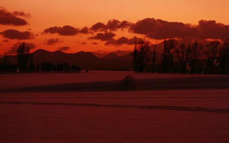 Snow-covered Field at Sunset — Red