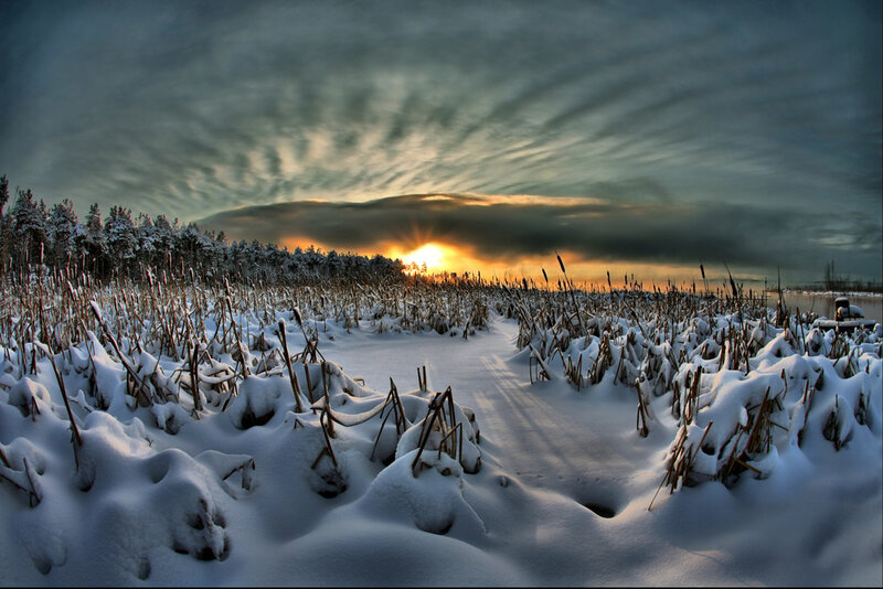 Snow-covered Field at Sunset — White, Dramatic
