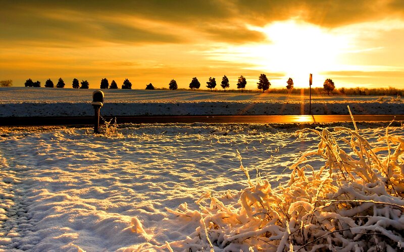 Snow-covered Field at Sunset — Yellow, Serene