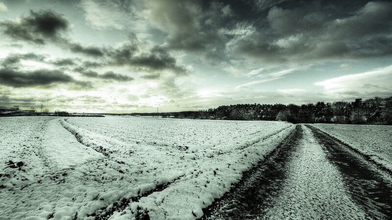 Snow-covered Field — White, Dramatic, Winter, Photograph, Clouds