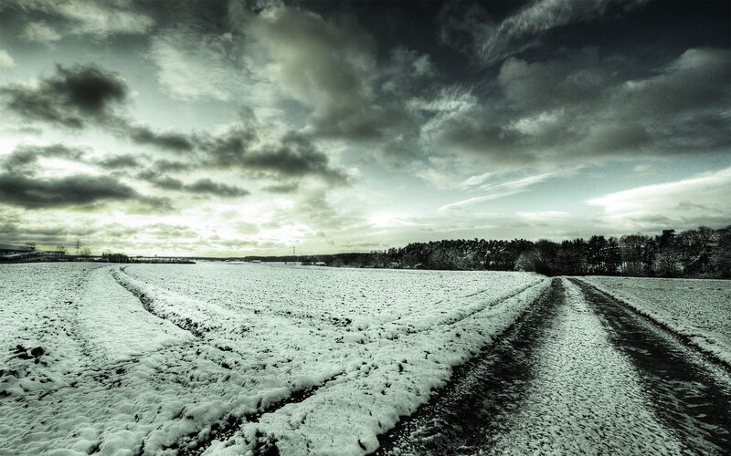 Snow-covered Field — White, Dramatic, Winter, Photograph, Clouds, Trees