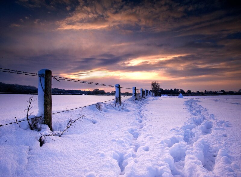 Snow-covered Field — White, Dramatic, Winter, Photograph, Fence, Footprints, Clouds