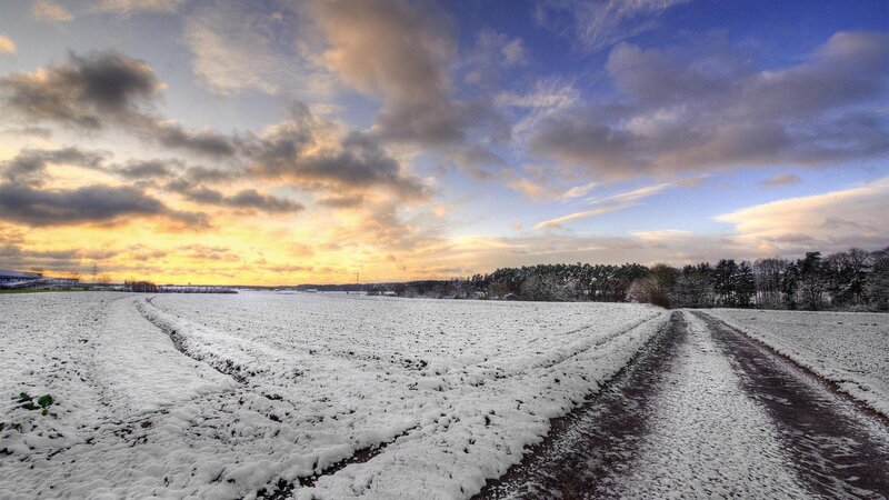 Snow-covered Field — White, Serene, Winter, Photograph, Road