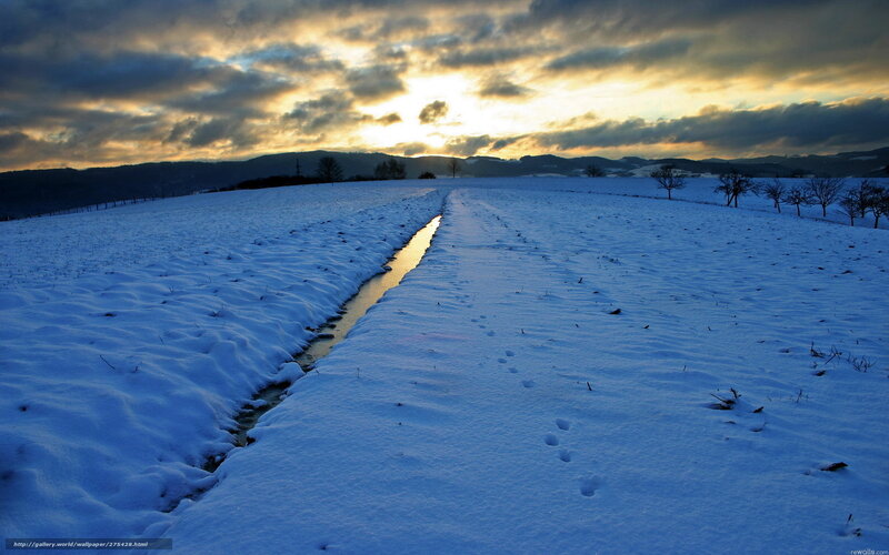 Snow-covered Field with Stream — Blue