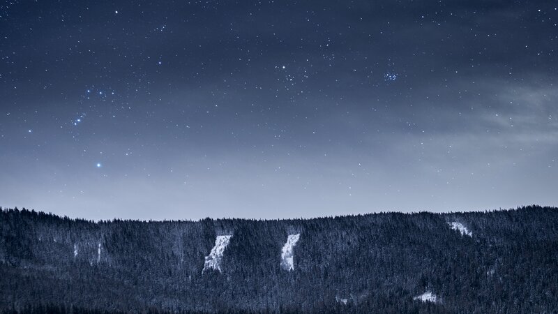 Snow-covered Forest at Night — Blue, Serene, Photograph, Stars