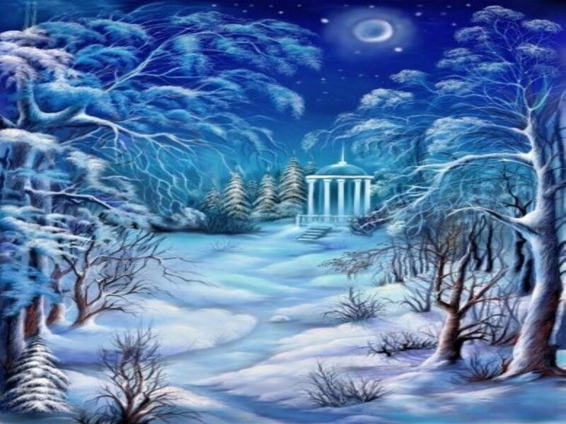 Snow-covered Forest — Blue, Serene, Night, Digital Art, Trees, Moon