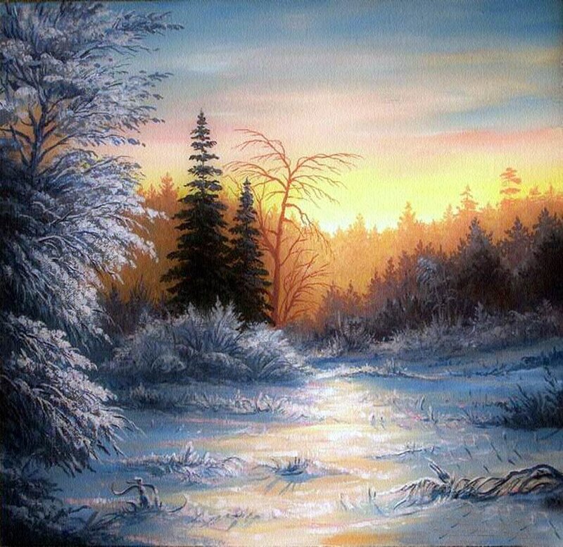 Snow-covered Forest — Blue, Serene, Sunset