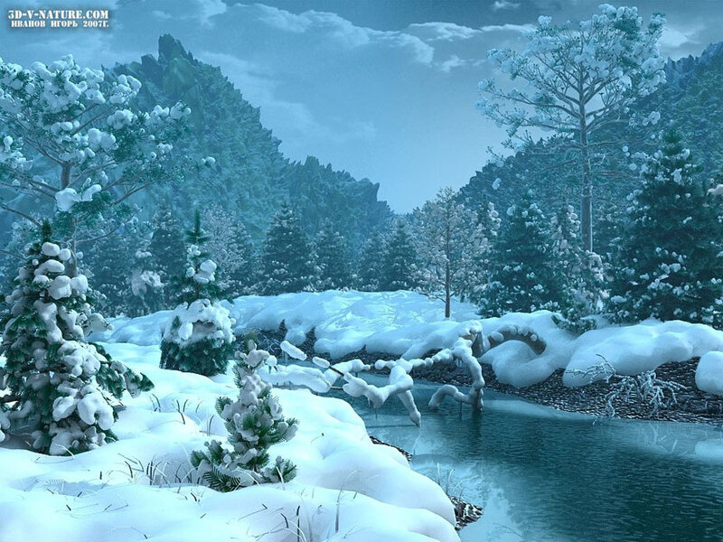 Snow-covered Forest — Blue, Serene, Winter, Digital Art, River