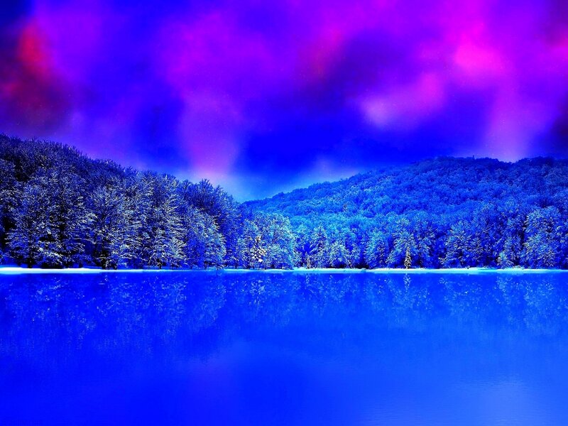 Snow-covered Forest Lake — Blue, Dramatic, Night, Digital Art