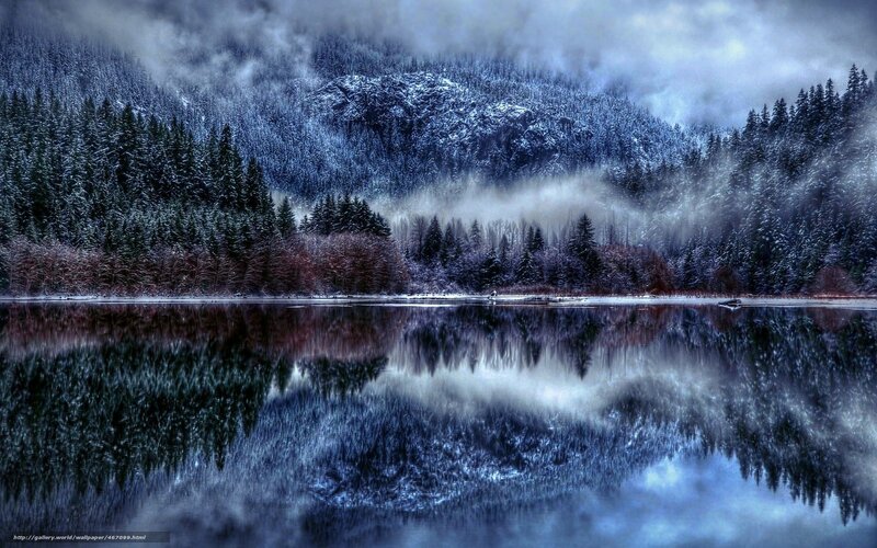 Snow-covered Forest Lake — Blue, Dramatic, Winter, Photograph, Mountains