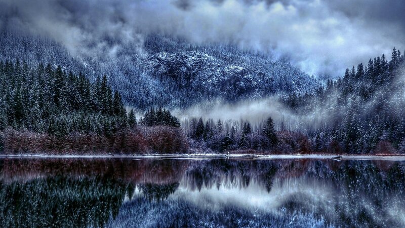 Snow-covered Forest Lake — Blue, Dramatic, Winter, Photograph