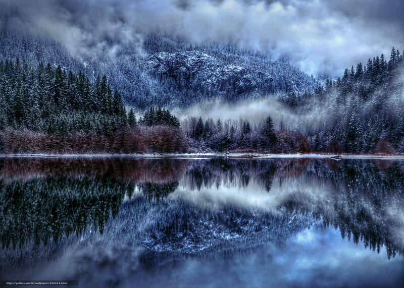 Snow-covered Forest Lake — Blue, Dramatic, Winter, Photograph, Trees, Mountains