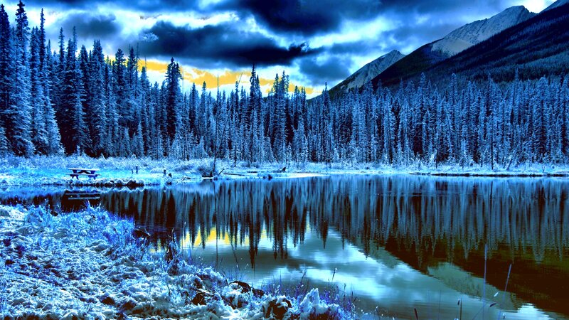 Snow-covered Forest Lake — Blue, Dramatic, Winter, Photograph, Trees