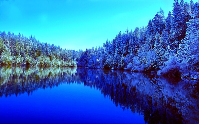 Snow-covered Forest Lake — Blue