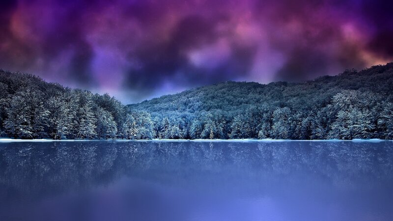 Snow-covered Forest Lake — Purple, Serene, Night