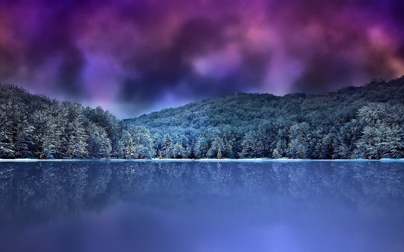 Snow-covered Forest Lake — Purple, Serene