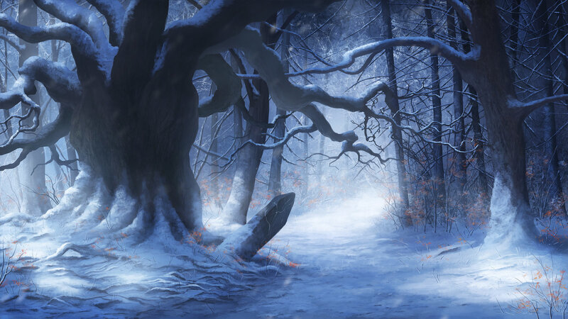 Snow-covered Forest Path — Blue, Mysterious, Winter