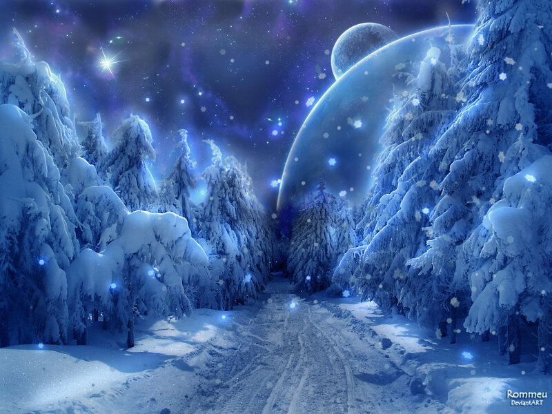 Snow-covered Forest Path — Blue, Serene, Night, Digital Art