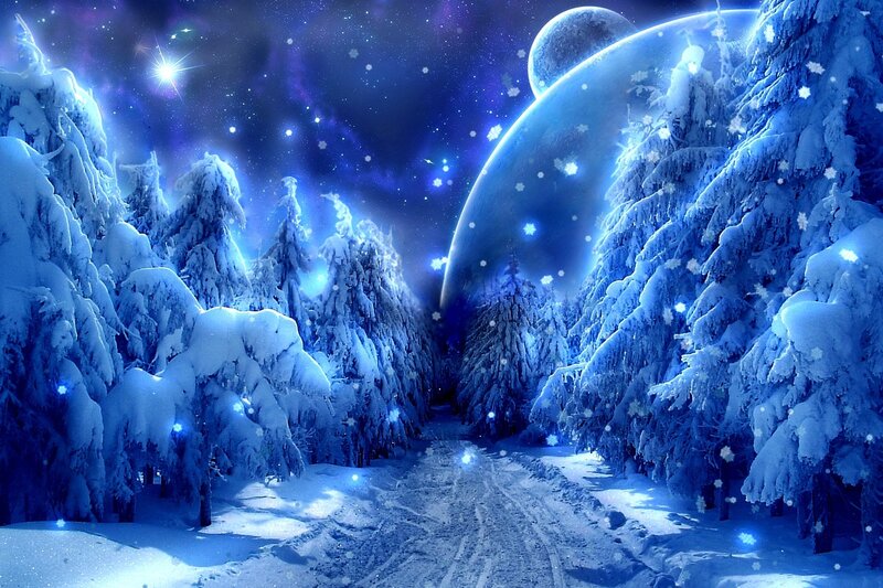 Snow-covered Forest Path — Blue, Serene, Night, Digital Art, Trees, Planets