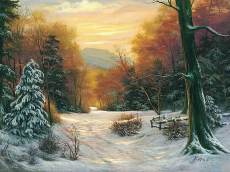 Snow-covered Forest Path — White, Serene, Winter, Painting