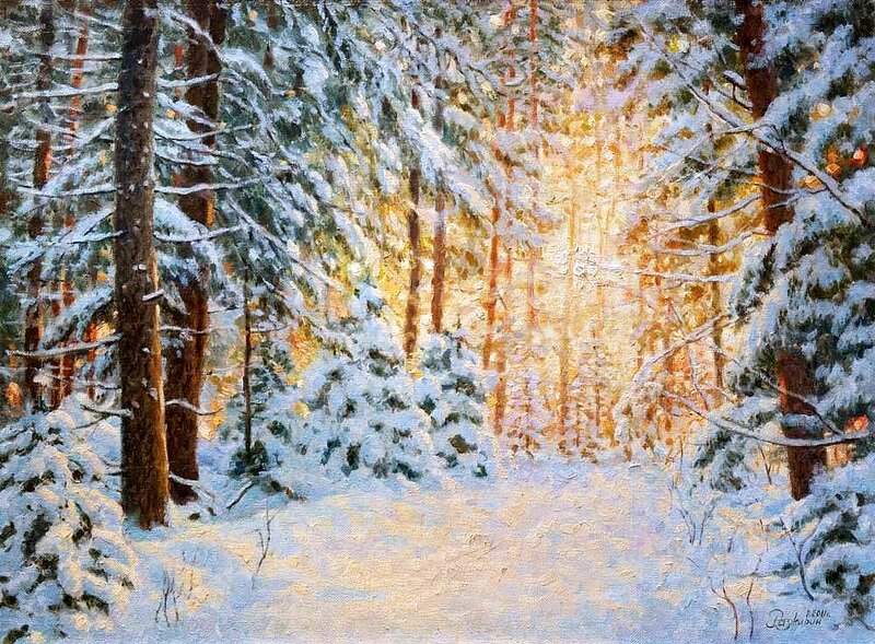 Snow-covered Forest Path — White, Serene, Winter, Painting, Trees, Snow