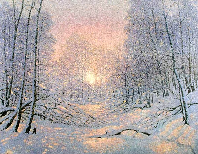 Snow-covered Forest Path — White, Serene, Winter, Painting, Trees, Sunlight, Snow