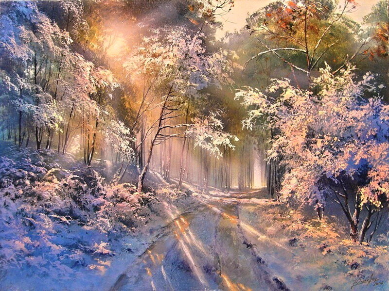 Snow-covered Forest Path — White, Serene, Winter, Painting, Trees, Sunlight