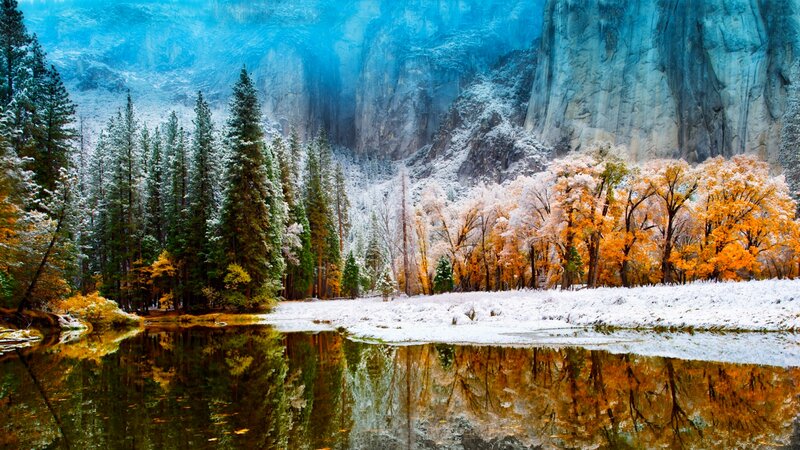 Snow-covered Forest River — Blue, Serene, Winter, Photograph