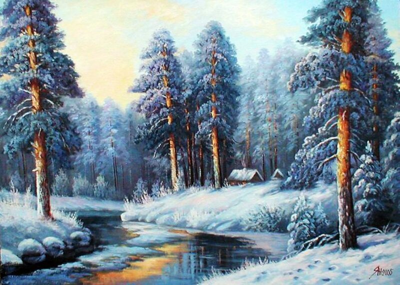 Snow-covered Forest River — Blue, Serene, Winter