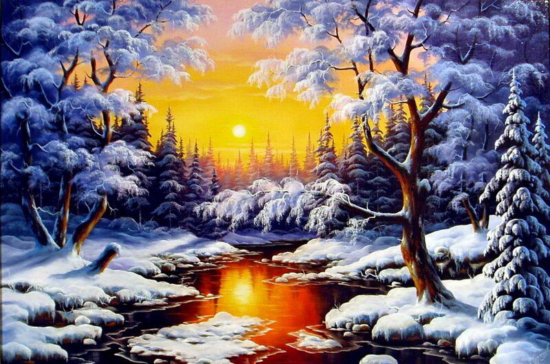 Snow-covered Forest River — Yellow, Serene