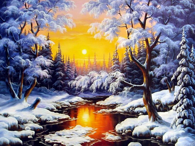 Snow-covered Forest River — Yellow