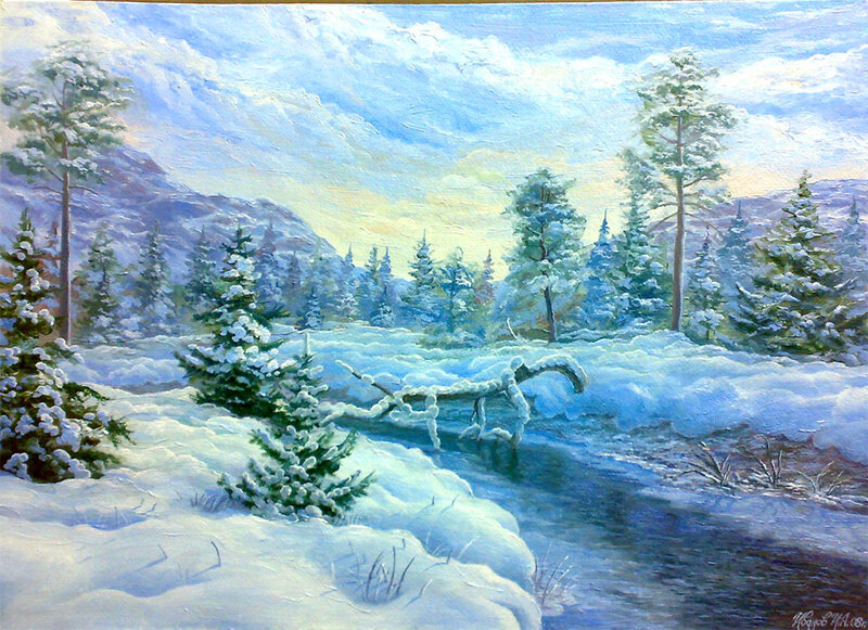 Snow-covered Forest Stream — Blue, Serene, Winter