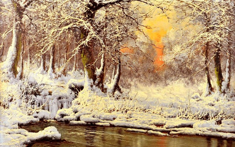 Snow-covered Forest Stream — White, Serene, Winter, Painting