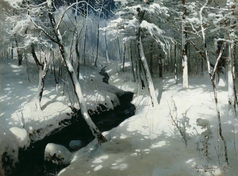 Snow-covered Forest Stream — White, Serene, Winter, Painting, Trees, Snow