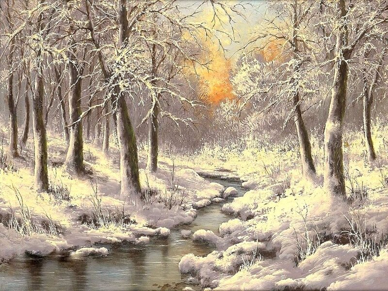 Snow-covered Forest Stream — White, Serene, Winter, Painting, Trees