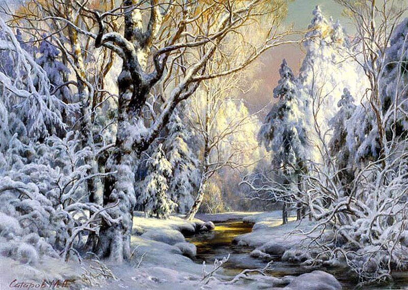 Snow-covered Forest Stream — White, Serene, Winter