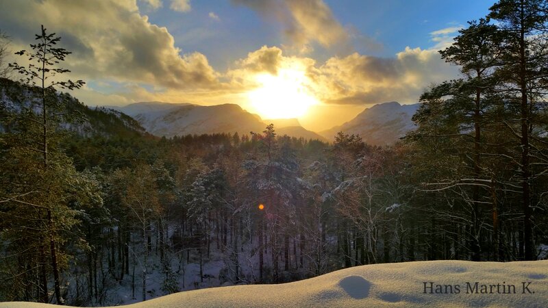 Snow-covered Forest Valley — Blue, Serene, Sunset